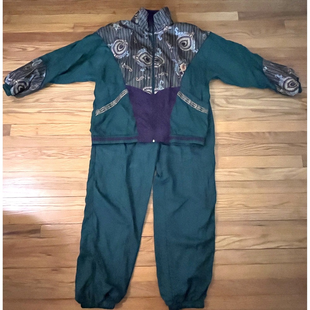 Vintage Laura Katherine 80s Nylon Tracksuit Green Paisley Jacket Pants Womens L